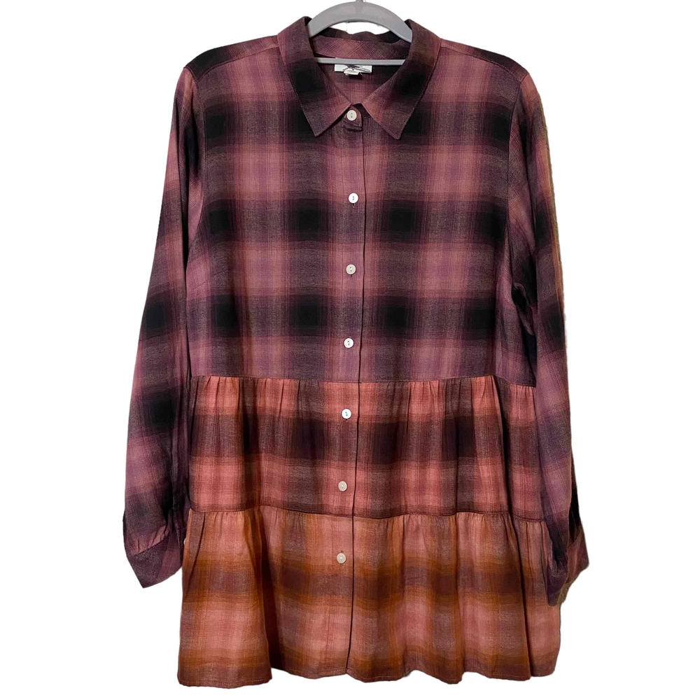 J. Jill Womens Maroon Orange‎ Plaid Button Down Tunic Top Shirt Blouse Size MP